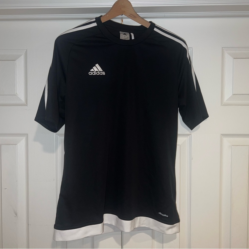 Adidas Climalite 3 Stripe Black Mens Soccer Short Sleeve Shirt